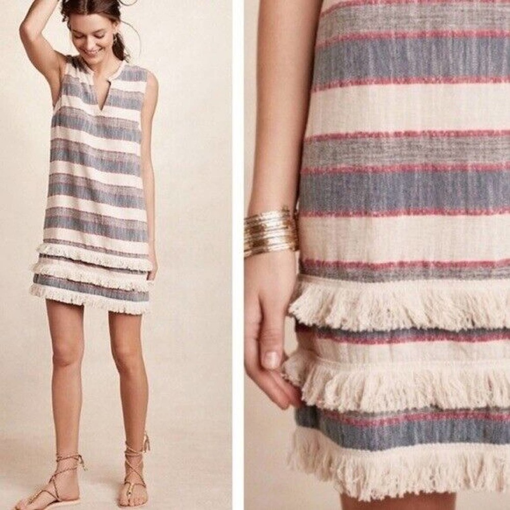 Holding Horses Anthropologie Striped Tweed Fringe Shift Dress Size 4 Red Blue